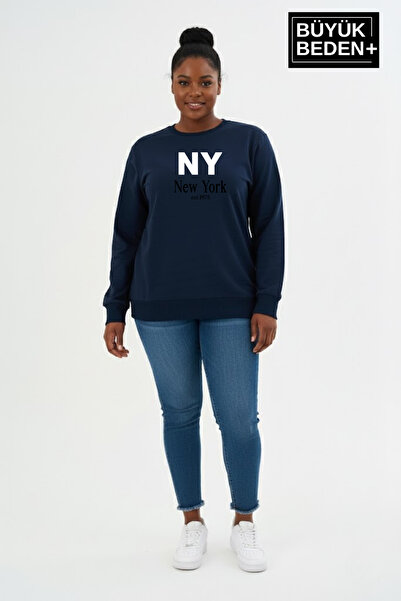 Süperlife Women's Plus Size Ny New York Printed Crew Neck Slim Sweatshirt Spr...