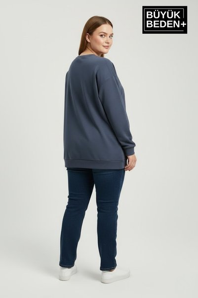 Süperlife Kadın Büyük Beden Bisiklet Yaka Kollar ve Etek Ribanalı İnce Sweatshirt SPR26BSWK956