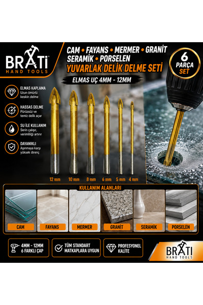 BRATİ HAND TOOLS 6 Parça Cam Fayans Mermer Granit Seramik Porselen Yuvarlak D...