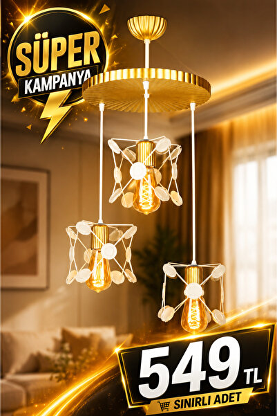 VENON Süper Retro Modern Avize Marsis 3 Lü Sarkıt Camı Metal Beyaz Gold Avize