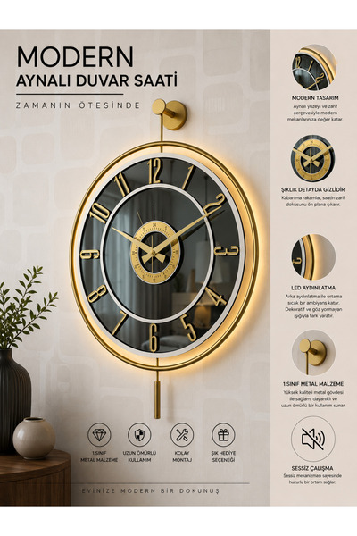 Pey Aksesuar Metal Camlı Duvar Saati 40x60 cm Işıklı Gerçek Cam Duvar Saati M...