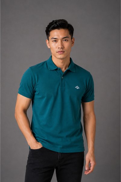 Mesh Men's Petrol Blue Polo Collar T-Shirt 100% Cotton Pique Fabric Regular Fit Short Sleeve Mountain Embroidery