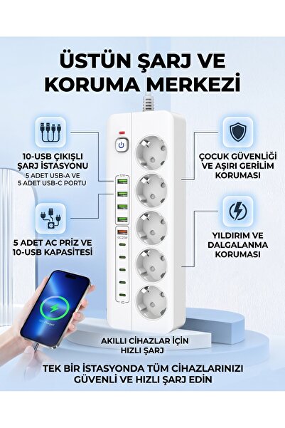 asua 5'Li Priz 5X USB 5X PD Şarj Termal Isı Korumalı Priz 2 Metre Kablo Çoklu...