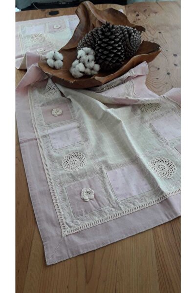 Bohemian Buldan Pembe El Işi Patchwork Dantelli Naturel Runner
