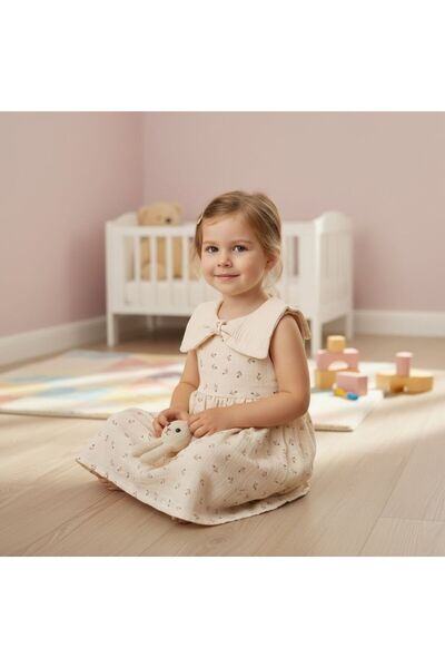 atölye kids Organic Muslin Tulip Printed Dress with Collar Detail Trendy Style for the Holidays