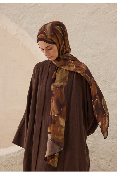 Freshscarfs Dark Garden Desen Rami Şal Kahve