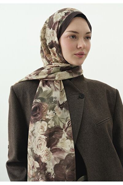 Freshscarfs Rose Breeze Desenli Pamuk Viskon Şal Tozlu Kahve