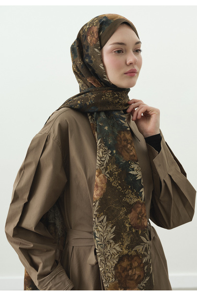 Freshscarfs Șal din bumbac și viscoză cu model hibiscus, moale, kaki
