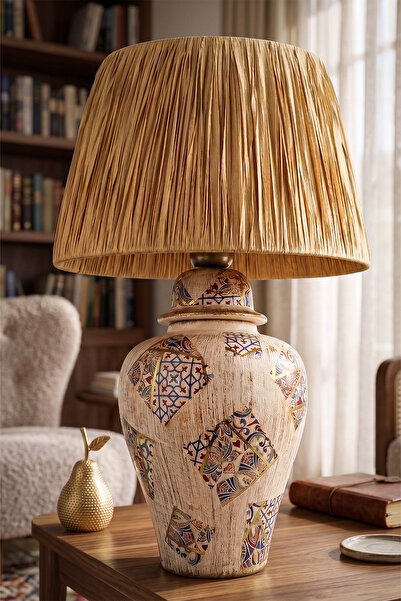Hmydesign Asie Handmade Desenli Seramik Abajur Krem