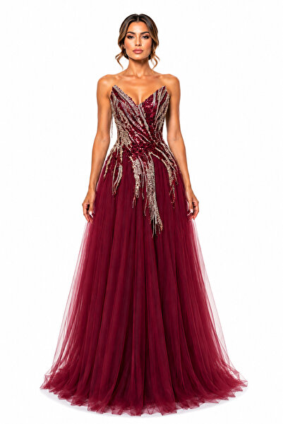 Lovely Dress Straplez Payet İşlemeli Tül Abiye Elbise