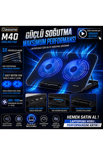 Classone M40 Gaming Laptop Soğutucu Notebook Standı, Mavi Led ,14-15.6-17 Inc...
