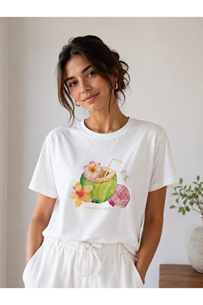 Bisou Tropikal Hindistan Cevizi Baskılı T-shirt Rahat kesim