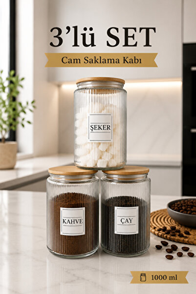 emdeco 3'lü Ahşap Kapaklı Etiketli Çay Şeker Kahve Cam Kavanoz Saklama Kabı 8...