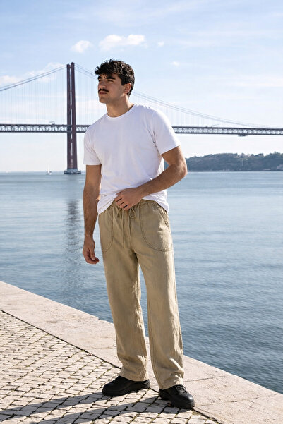 DAMGA JEANS Men's Elastic Waist Jogger Beige Linen Trousers