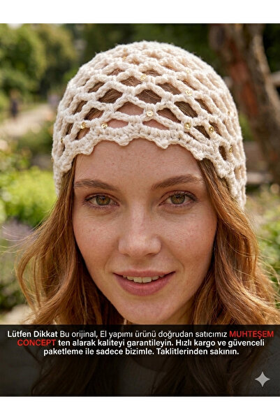 Muhteşem Concept Pullu File Örgü Bandana –Krem Renk Şık Bohem Yazlık Bere