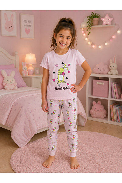 Pijamakids Κοριτσίστικο σετ πιτζάμες 100% βαμβακερό ροζ κουνέλι με κοντό μανί...