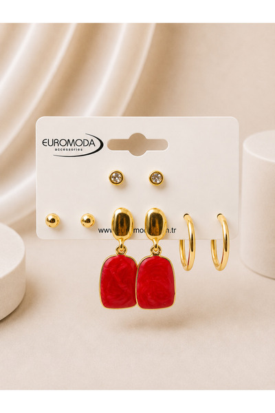 EUROMODA Gold Kırmızı Mineli 4'lü Küpe Seti