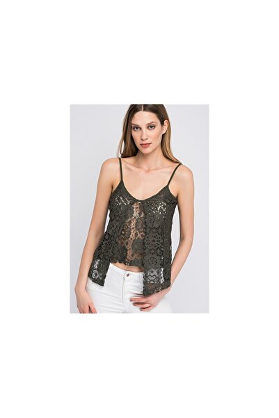 Cotton Mood 8114299 Güpürlü Önü Parçalı Çift Kat Askılı Bluz HAKI