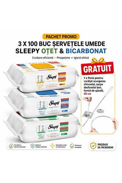 Sleepy Pachet Promo 3 X 100Buc Servetele Umede Otet Bicarbonat + Perie curata...
