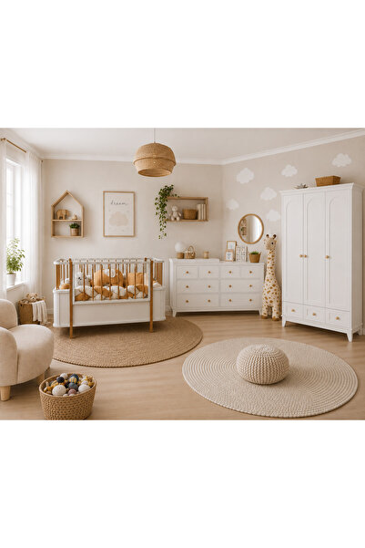 Koza %100 MDF Oslo Maxi Ahşap Beyaz Bebek Odası Takımı (3 Kapılı Dolap & Bonn...