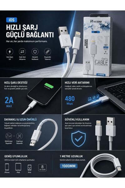 Netpa Premium Hızlı Şarj Kablosu İOS - 1 Metre Data ve Şarj Kablosu