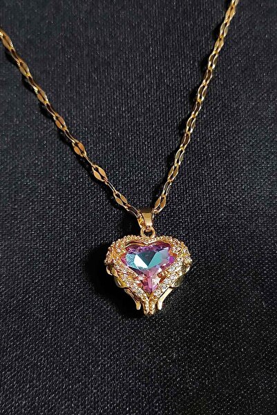 TREND COLLECTİON Kadın Paslanmaz Çelik Gold Zirkon Taşlı Pembe Kalp Kolye
