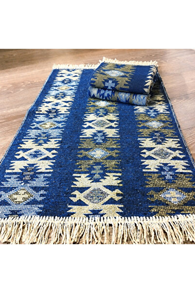 OEM Set de 3 covoare tradiționale țesute, față-verso, 60x200 cm, albastru, mo...