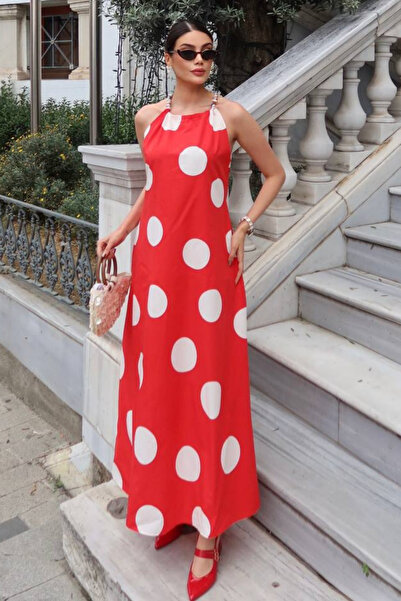 KECHİ WOMAN Poplin Fabric Large Polka Dot Patterned Long Dress