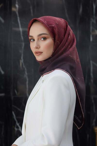 Vissona %100 Twill İpek Geometrik Desenli Bordo Renkli 90x90 Eşarp Dikim Şekl...