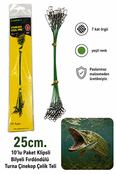 POWEREX 25cm. 10'lu Paket Klipsli Bilyeli Fırdöndülü Turna Çinekop Çelik Teli