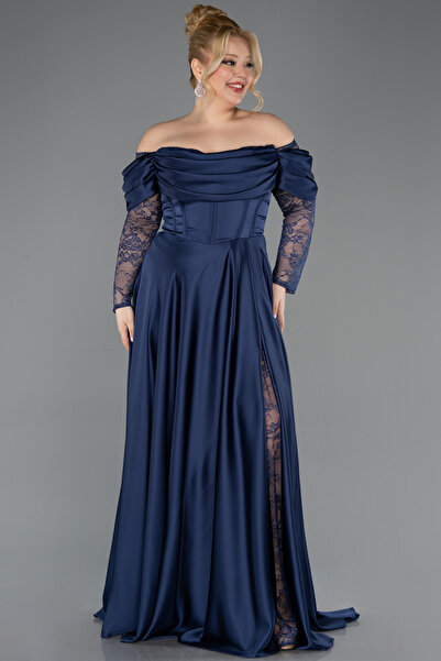 Abiyefon Lacivert Dantel Uzun Kol Kayık Yaka Saten Büyük Beden Abiye ABU5261