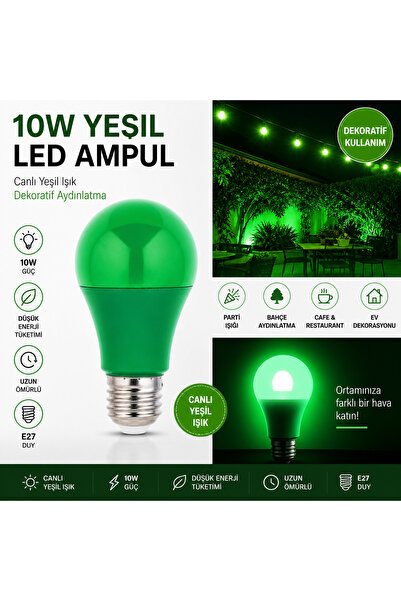 RBR Dekoratif Yeşil LED Ampul 10W E27 Duy Bahçe Parti Kafe Restoran Ortam Ayd...