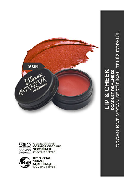 RHANEVA Lip and Cheek Scarlet Realness, Organik ve Vegan Sertifikalı, 9 gr