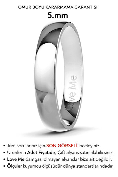 Love Me 5mm Asla Kararmaz Parlak Beyaz Renk Unisex Bombeli Çelik Alyans Yüzük...