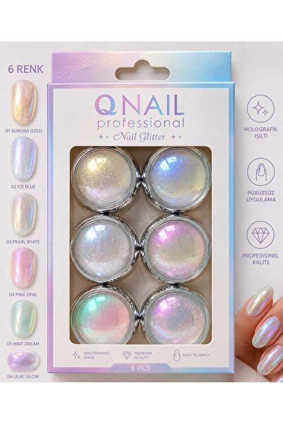 QNAİL PROFESSİONAL İnci Tozu Seti 6’lı - Ayna Efektli Nail Art Tasarım Seti