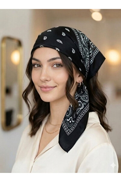 MutluBiDünya Vintage Siyah Renk Etnik Desen Kare Pamuklu Bandana Fular