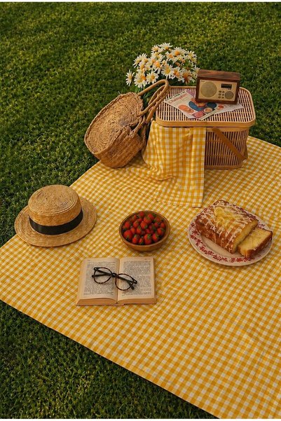 Ases Design Checkered Picnic Mat Tablecloth Table Cloth Checkered Balcony Garden Camping Cover Yellow White
