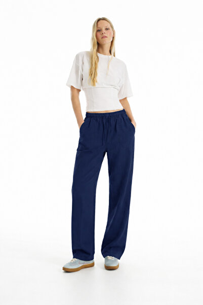 DAMGA JEANS Γυναικείο casual καλοκαιρινό παντελόνι από λινό σε μπλε ναυτικό χ...