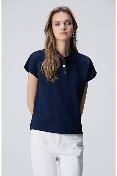 Network Lacivert Polo Yaka Çıtçıt Detaylı Kısa Kol Sweatshirt