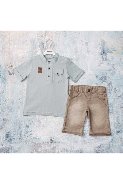 Yalçınoğlu Children's Judge Collar T-Shirt - Denim Shorts Set 2-5 Years