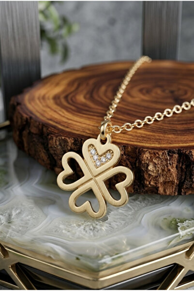 NBS Beautiful Naturel Stones Şans Yoncası Gold Çelik Kolye 4 Yapraklı Kalp Fi...