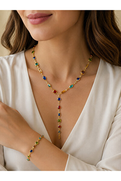 Mirenya Women's Colorful Stone Y Necklace and Bracelet Luxury Set