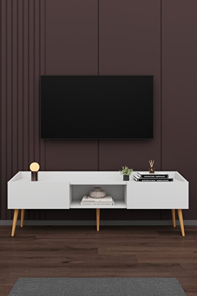 asratrend Modern TV Ünitesi %100 MDF Kapaklı Ahşap Ayaklı Televizyon Sehpası T28