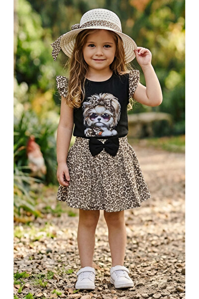 Kısmet baby Girls' Leopard Print Bow Flared Skirt Printed T-Shirt and Straw H...