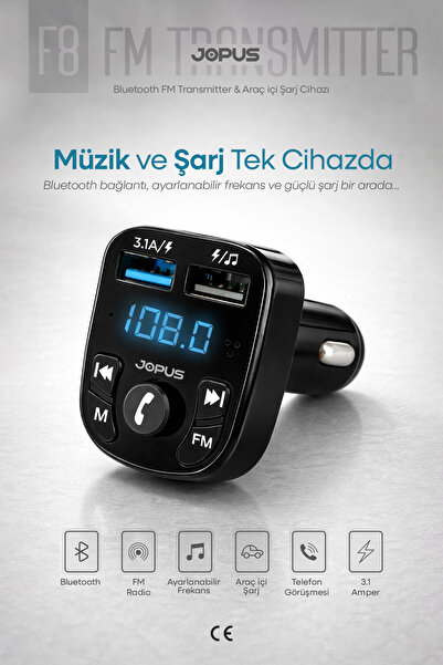 Jopus Bluetooth FM Transmitter Kablosuz Araç İçi Kiti Çakmaklık Şarj Aleti Ot...
