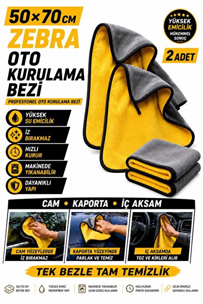HR PAK 50x70 Cm 2 Adet Çift Taraflı Zebra Mikrofiber Araç İç Dış Yıkama Temiz...