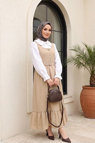 Modamorfo Buttoned Top, Ruffled Bottom, Belted Waist Gilet Dress - Mink