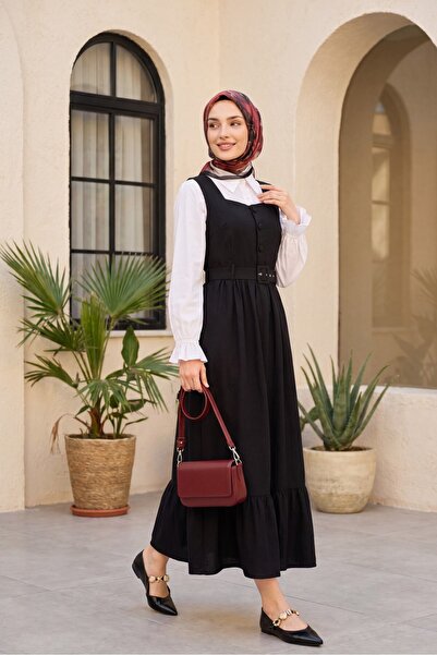 Modamorfo Buttoned Top, Ruffled Bottom, Belted Waist Gilet Dress - Black