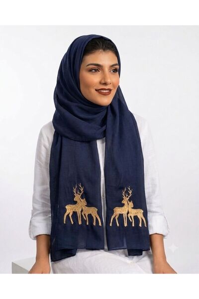 Veil Designer طرحه بوال الوانكحلي بتطريز غزال ذهبي علي الطرفين قماش ياباني 19...