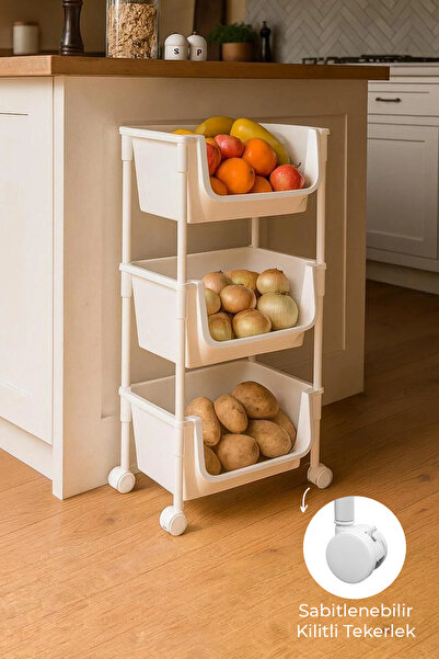 Kitchen Life 3 Katlı Tekerlekli Organizer Raf Oyuncak Dolabı,Mutfak, Banyo, K...